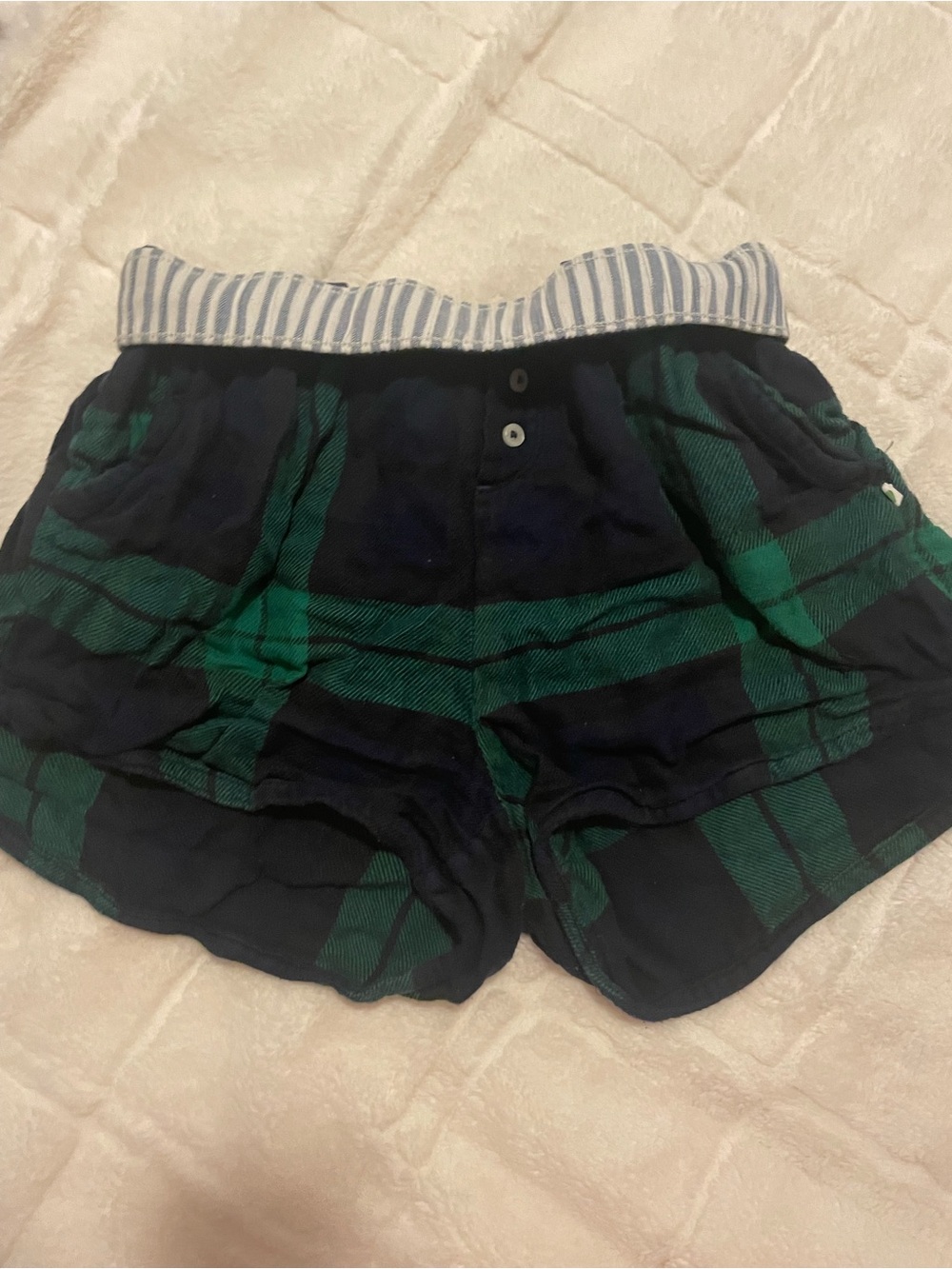 aerie Navy and Green Plaid Lounge Shorts with Striped Waistband